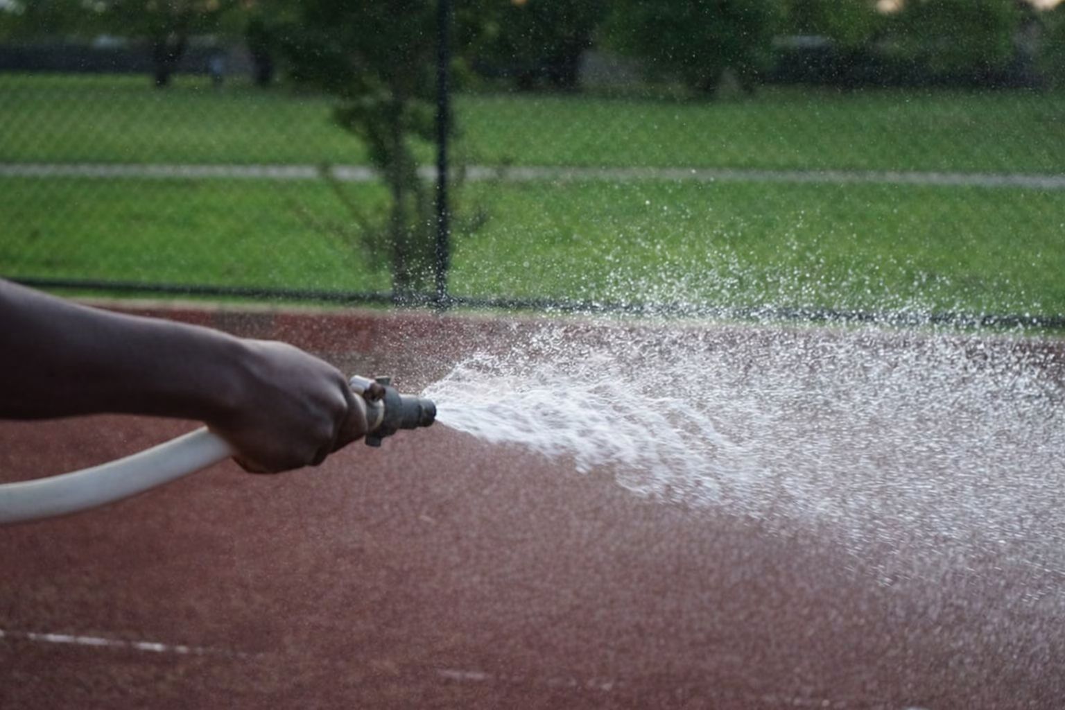 En person vattnar en rödbrun plan med en vattenslang, med grönt gräs i bakgrunden.