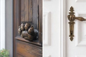 Närbild på ett unikt tassformat handtag i brons och ett klassiskt dörrhandtag.