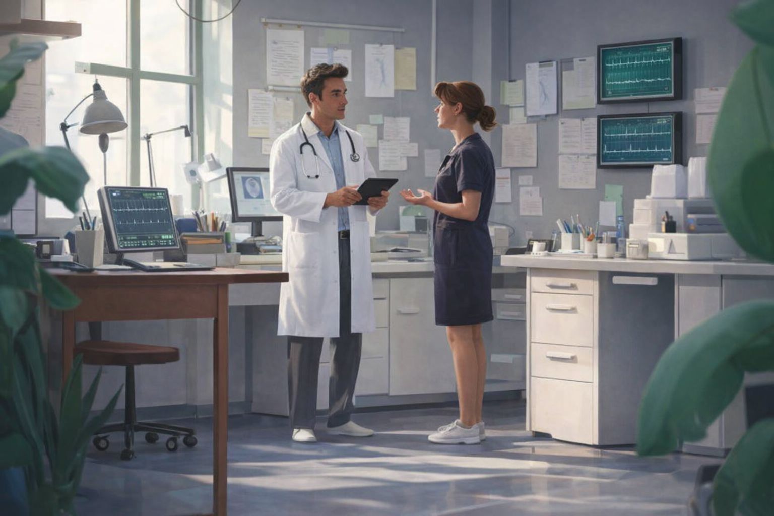 En läkare och en sjuksköterska i ett modernt kliniskt samtalsrum.