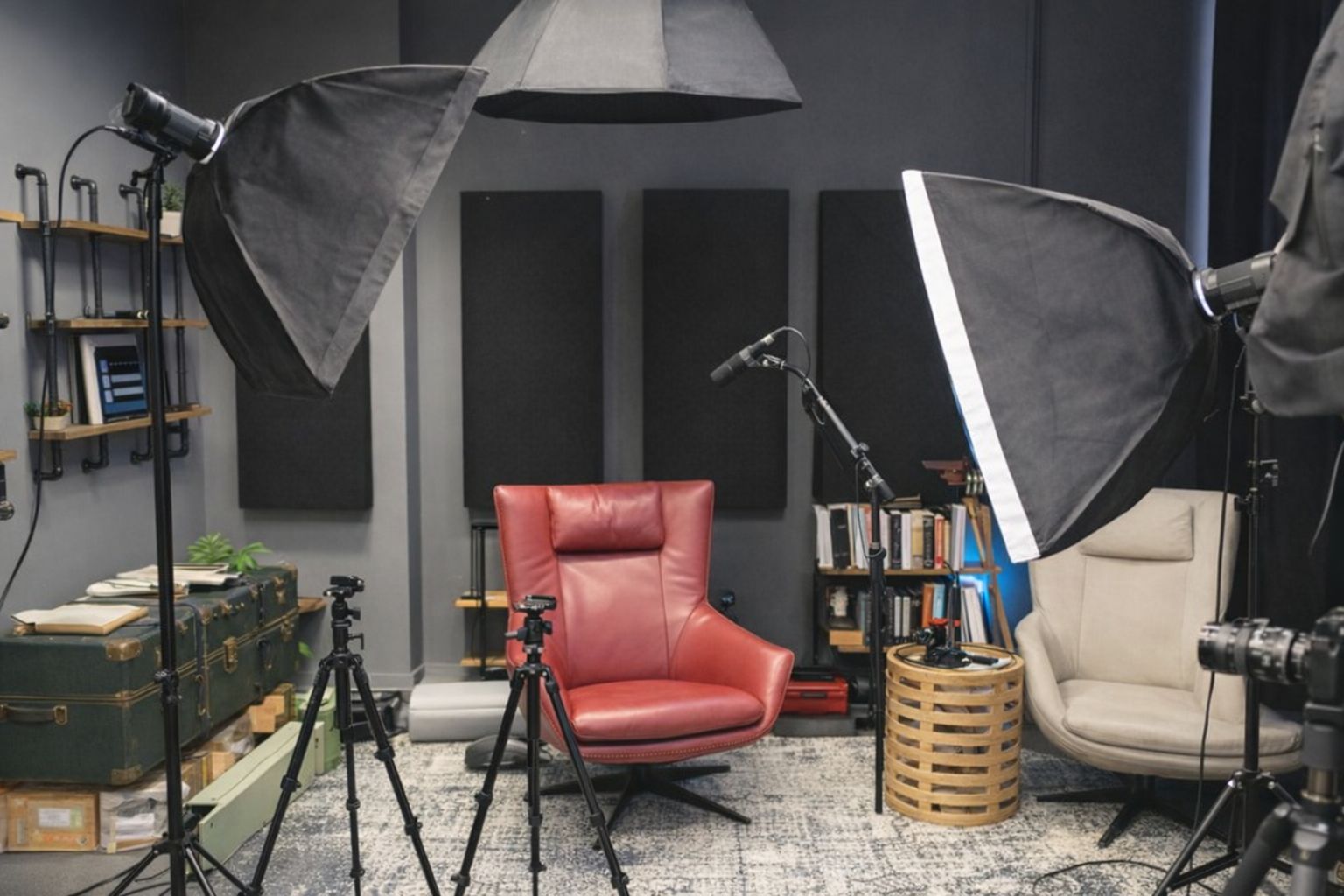 Professionell filmproduktion i studio med belysning och fåtöljer.