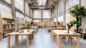 Ljust och öppet kontorshotell i en industriell lokal med trämöbler.
