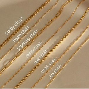 Olika stilar på guldkedjor med namn som curby, figaro och rope chain.