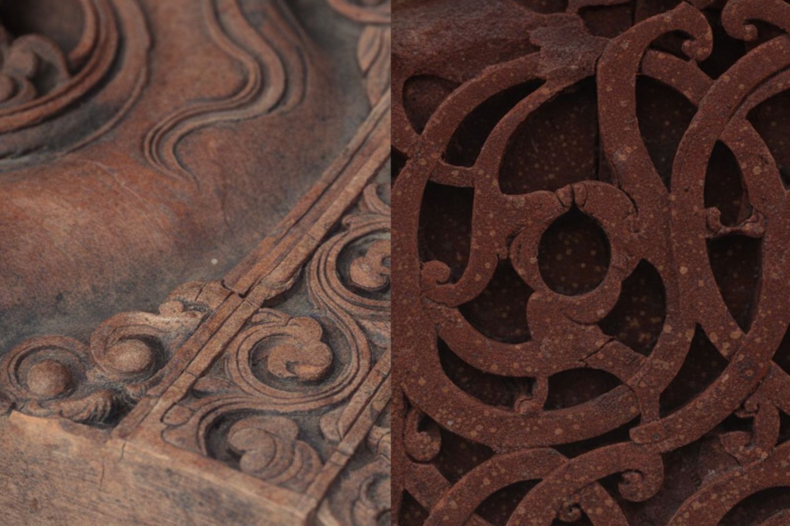 Närbild på utsirade detaljer och naturlig patina i brunt bronsmaterial.